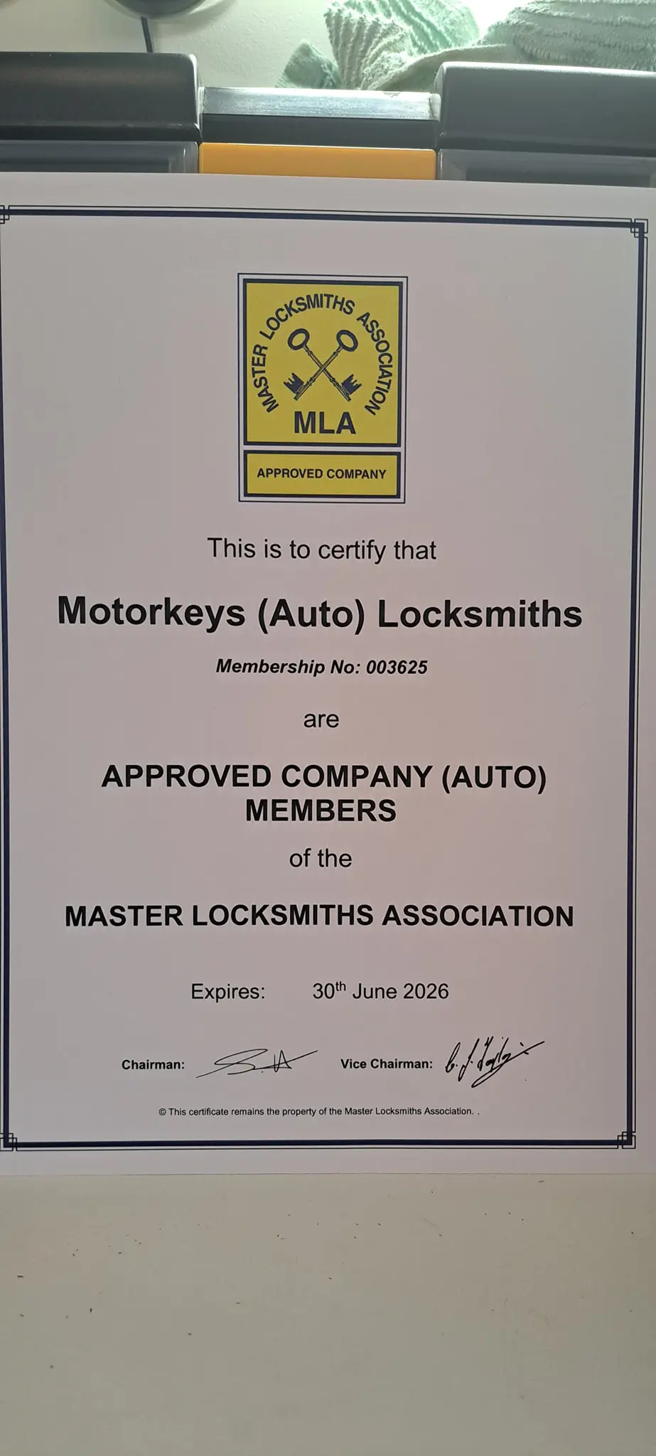 Master Locksmiths Association Approved Company certificate for Motorkeys Auto Locksmiths, Membership No. 003625, valid until 30 June 2026